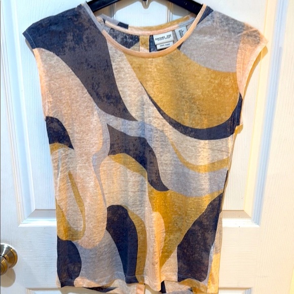 Rachel Zoe Blue Cream Graphic Fitted Cap Sleeve 100% LINEN Top buttons up back - Picture 1 of 3